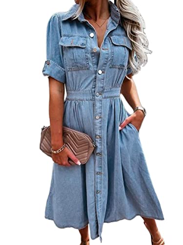 Kleider Damen Sommer,Damen-Jeanskleid Elegantes Blaues Kurzarm-Reverskleid Lässiges Lockeres Hemdkleid Sommer Spleißen A-Linie Jeanskleid Vintage Distressed-Midi-Kleider Für Damen Und Mädchen S von LCDIUDIU