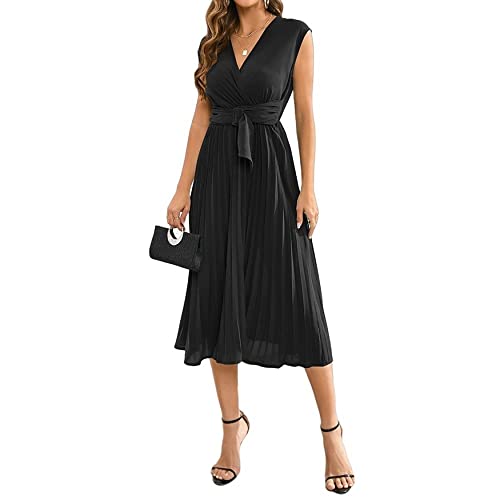 Kleider Damen Sommer,Damen Sommerkleid Aus Chiffon Solid Slim Midi Kleider Ärmellos V-Ausschnitt Schnürung Plisseekleid Elegant A-Linie Flowy Swing Wickelkleid Cocktailparty Kleider Mit Gürtel ,S von LCDIUDIU