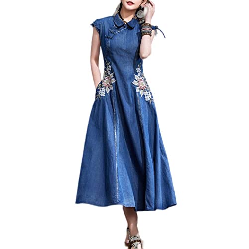 LCDIUDIU Damen Kleid,Damen-Jeanskleid Blau Ethno-Blumenstickerei Kurzärmelig Revers-Maxikleid Elegantes A-Linien-Big-Swing-Kleid Retro-Handgemachtes Chinesisches Schnallen-Jeanskleid Lange Kleider M von LCDIUDIU