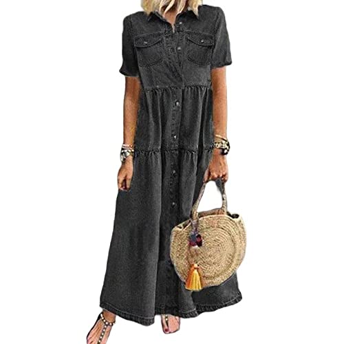 LCDIUDIU Damen Kleid,Damen-Jeanskleid Vintage-Stil Kurzärmeliges Kleid Lässig Revers Knopfleiste Maxi-Hemdkleid Sommer A-Linie Gerüscht Gestuftes Jeanskleid Übergröße Kaftan-Kleider Schwarz XL von LCDIUDIU