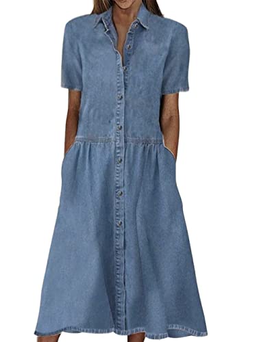 LCDIUDIU Kleider Damen Sommer,Damen-Jeanskleid Vintage-Blau Verblasst Kurzärmlig Revers Knopfleiste Lässig Lockeres Hemdkleid Sommer Spleißen A-Linie Jeanskleid Midi-Kleider Für Damen Und Mädchen S von LCDIUDIU