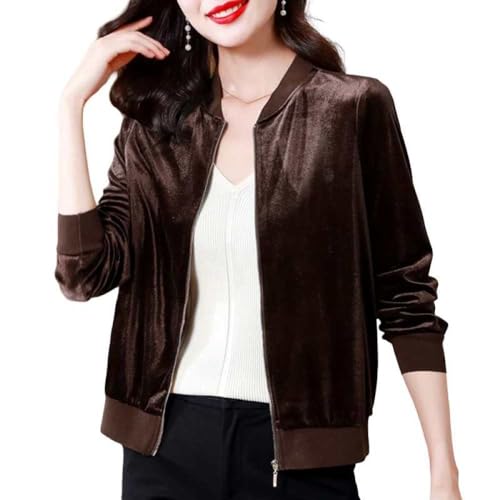LCDIUDIU Samt Bomberjacke Damen Leichte Fliegerjacke Langarm Baseballjacke Reißverschlussmantel Lässige Übergangsjacke Flieger Freizeitjacke Oberteil,Braun,L von LCDIUDIU