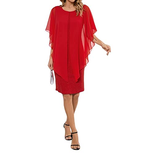 LCDIUDIU Sommerkleid Damen,Frauen Sommer Chiffon Kleid Vintage Festes Knielanges Kleid Rundhals Fledermausärmel Bleistiftkleid Elegant Spleißen Fließende Kleider Mode Cocktailparty Kleider,Rot,M von LCDIUDIU