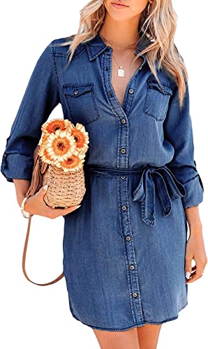 Langarm Kleid Damen, Damen Western-Jeanskleid Elegant Lange Ärmel Taillengürtel Button-Down-Hemdkleid Herbst Lässig Locker Geschwungenes Minikleid Vintage-Waschung Verblasste Jeanskleider Dunkelb von LCDIUDIU