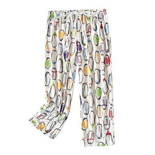 Schlafanzughosen Für Damen,Damen-Pyjamahose Aus Baumwolle Kurz Geschnitten Schöner Weißer Pinguin-Aufdruck Schlafhose Sommer Weich Bequem Lounge-Capri-Hose Stretch-Kordelzug Gerades Bein Pyjama-H von LCDIUDIU