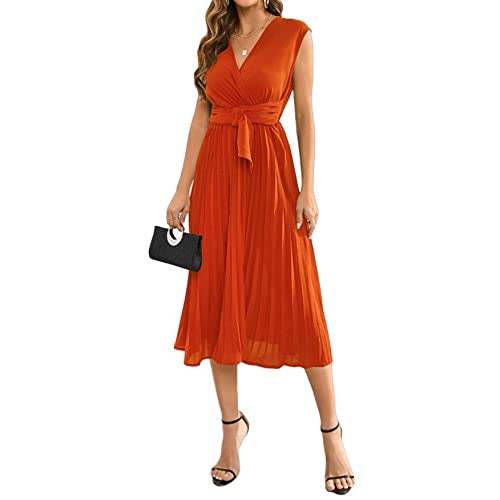 Sommerkleid Damen,Damen-Sommer-Chiffonkleid, Solide, Schmale Midikleider, Ärmelloses V-Ausschnitt, Schnürung, Faltenkleid, Elegante A-Linie, Fließendes Swing-Wickelkleid, Cocktailparty-Kleider Mi von LCDIUDIU