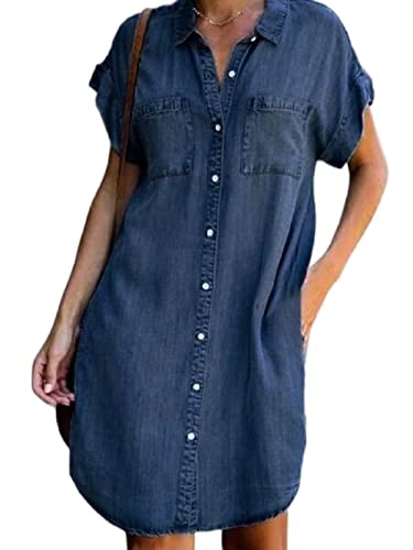 Sommerkleider Damen,Damen-Jeanskleid Vintage-Waschung Verblasstes Kurzarm-Revers-Button-Down-Kleid Lässiges Lockeres Hemdkleid Mit Tasche Sommer-Jeans-Etuikleid Midi-Kleider Für Damen Und Mädchen von LCDIUDIU