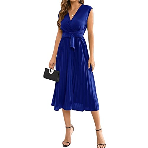 Sommerkleider Damen,Damen Sommerkleid Aus Chiffon, Solide, Schmal, Midikleider, Ärmelloses V-Ausschnitt, Schnürung, Plissiertes Kleid, Elegante A-Linie, Fließendes Swing-Wickelkleid, Cocktailpart von LCDIUDIU