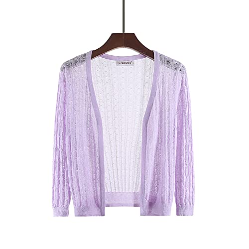 Strickjacke Strickjacken,Damen Bolero Cardigan Shrug Jacke Lässig Schlicht 3/4 Ärmel Vorne Offen Sommer Dünn Durchsichtig Strick Crop Cardigan V-Ausschnitt Elegant Festival Party Mesh Jacke,Lila,L von LCDIUDIU