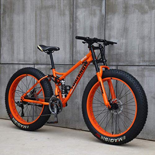 Mountainbike, 26 Zoll (66 cm), MJH-01, Erwachsene, Fat-Tyre-Mountain-Trail-Bike, 24-Gang-Fahrrad, Rahmen aus Karbonstahl, doppelte Vollfederung, doppelte Scheibenbremse, Orange/Cyan von LCRAKON