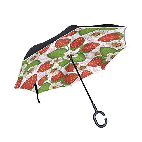Blume Erdbeere Invertierter Regenschirm UV-Schutz Winddichter Umbrella Invertiert Schirm Kompakt Umkehren Schirme für Auto Jungen Mädchen Reise Strand Frauen von LDIYEU