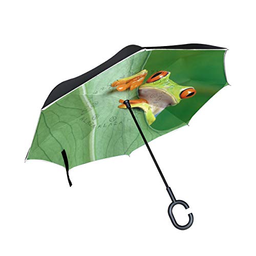 Cartoon Grüner Frosch Invertierter Regenschirm UV-Schutz Winddichter Umbrella Invertiert Schirm Kompakt Umkehren Schirme für Auto Jungen Mädchen Reise Strand Frauen von LDIYEU