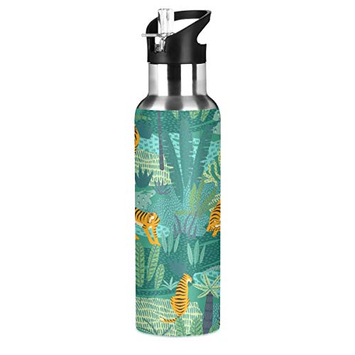 LDIYEU Grüne Kunst Dschungeltiger Wasserflasche Edelstahl Wasser Flasche Isolierte Isolier Auslaufsicher Wasserkanne Water Bottle(600 ml) von LDIYEU