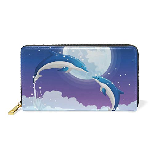 Ozean Mond Delfin Leder Brieftasche Reißverschluss Geldbörse Telefon Kreditkartenetui Portemonnaie Wallet für Frauen Mädchen Männer von LDIYEU