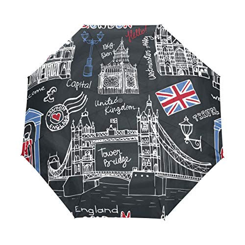 Schwarz London Bridage Regenschirm Taschenschirm Auf-Zu Automatik Schirme Winddicht Leicht Kompakt UV-Schutz Reise Schirm für Jungen Mädchen Strand Frauen von LDIYEU