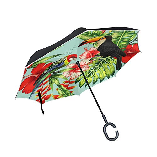 Tropischer Vogel-Toucan-Papagei Invertierter Regenschirm UV-Schutz Winddichter Umbrella Invertiert Schirm Kompakt Umkehren Schirme für Auto Jungen Mädchen Reise Strand Frauen von LDIYEU