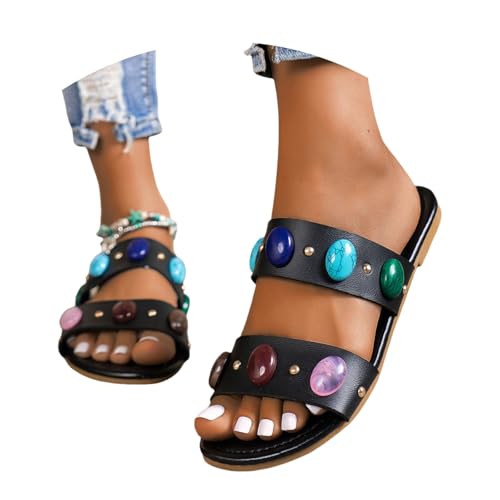 LDXEQIZ 2025 Neu Schlappen Mit Farbige Perlen Damen Flache Orthopädische Sandalen Bequem Weichen Sohlen Pantoffeln PU-Leder Slingback Hausschuhe Casual Boho Sommerschuhe Für Strand(Black,37 EU) von LDXEQIZ