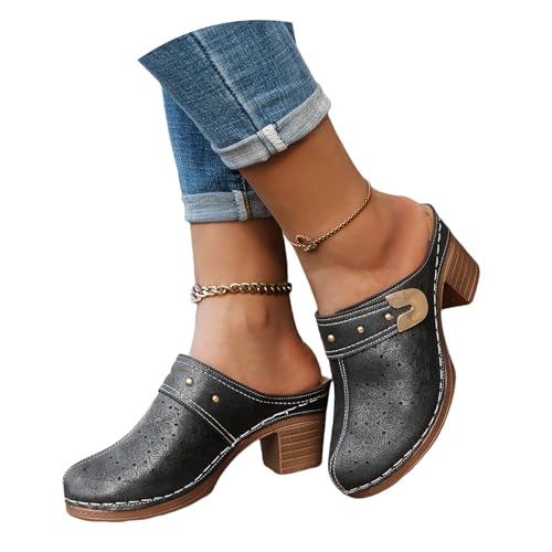 LDXEQIZ Geschlossene Sandalen Damen Sommer Arbeitsschuhe Bequeme Sandaletten Mit Blockabsatz 2025 Neu PU-Leder Sandals Mit Metallschnalle Slingback Walkingschuhe Für Outdoor(Black,37 EU) von LDXEQIZ