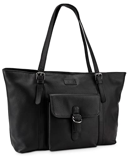 LEABAGS Leder Handtasche Damen I Premium Echtleder Shopper I Business Laptoptasche bis 16 Zoll I Damen Business Tasche I Tragetasche für Arbeit Uni Schule Freizeit oder Einkauf I Nappa Schwarz von LEABAGS