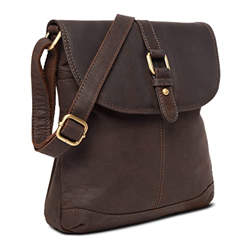 LEABAGS Leder Handtasche Damen I Premium Echtleder Umhängetasche I Damen Schultertasche I Damentasche I Tragetasche für Arbeit Uni Schule Freizeit I 27 x 23 x 6 cm I Nature Dunkelbraun von LEABAGS