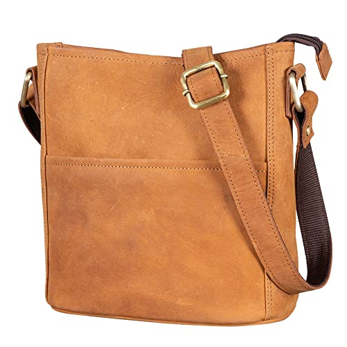 LEABAGS Leder Handtasche Damen I Premium Echtleder Umhängetasche I Damen Schultertasche I Damentasche I Tragetasche für Arbeit Uni Schule Freizeit I Größe L (31 x 23 x 6 cm) I Nature Hellbraun von LEABAGS