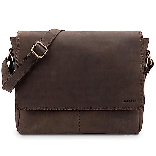 LEABAGS Leder Umhängetasche Herren & Damen I Echtleder Laptoptasche bis 14 Zoll I Messenger Bag mit Schultergurt I Schultertasche I Arbeitstasche I Tragetasche I Handtasche I Nature Dunkelbraun von LEABAGS