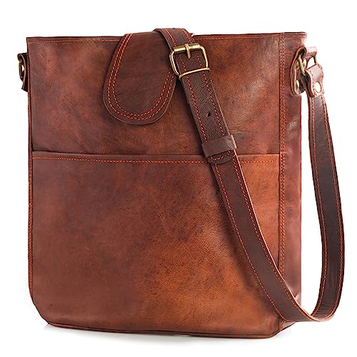 LEABAGS Leder Handtasche Damen I Premium Echtleder Umhängetasche I Damen Schultertasche I Damentasche I Tragetasche für Arbeit Uni Schule Freizeit I Größe L (31 x 23 x 6 cm) I Vintage Cognac von LEABAGS