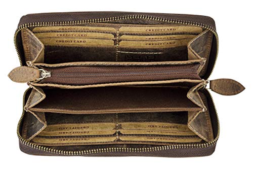 Große Vollleder Damen Geldbörse Natur Usedlook Reißverschluss rundherum Damenlangbörse Portemonnaie Brieftasche lang LEAS in Echt-Leder, Dark Cognac - Vintage-Collection 19,5x9,5x2cm (BxHxT) von LEAS