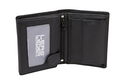 LEAS Mini Geldbörse mit Riegel extra dünn im Hochformat, flaches Portemonnaie mit RFID Schutz Folie mit Geschenk Box Echt-Leder, schwarz von LEAS