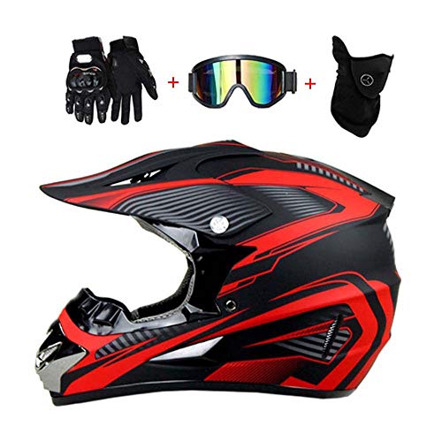 LEENP Motocross-Helm Schwarz Rot Crosshelm Set mit Brillen Maske Handschuhe, Herren Damen Motorrad-Helm Off-Road Downhill-Enduro-Helm-ATV-MTB-BMX Dirt Bikes Quad Motorräder Full-Face Schutz-Helm,B,L von LEENP