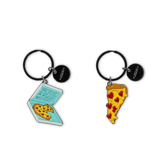 Legami - 2er Set Schlüsselanhänger aus emailliertem Metall, What a Key Ring!, Pizza-Motiv, Geschenk für Paare, Schlüsselanhänger Charm für Tasche, robuster Spiralring, Größe 4 x 8,5 x 0,2 cm, gelb, von LEGAMI