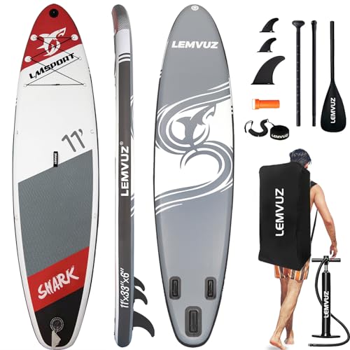Aufblasbares Stand-Up-Paddle-Board, 3 m x 83 cm x 15 cm, Paddelboard mit Premium-SUP-Zubehör und Rucksack, 3 Surf-Control-Flossen, verstellbare Paddel-Leine, Handpumpe, Paddelbretter für Erwachsene von LEMVUZ