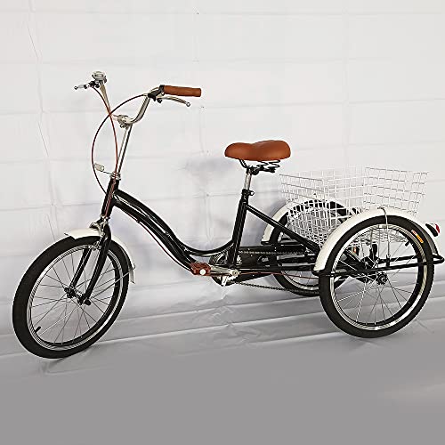 LENJKYYO 20 Zoll 3 Rad Dreirad für Erwachsene mit Single-Speed Schaltung Fahrrad Einkaufs Lastenfahrrad Korb (Schwarz) von LENJKYYO