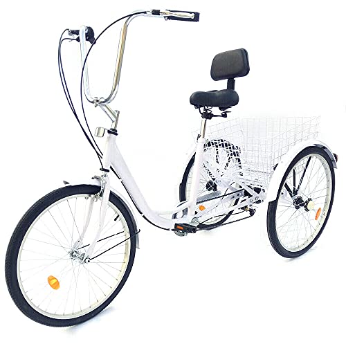 LENJKYYO 24 Zoll Dreirad für Erwachsene 6 Gänge Cruise Cityräder mit Korb bis 20kg, 3 Rad Dreirad Tricycle City Fahrrad (Weiß) von LENJKYYO