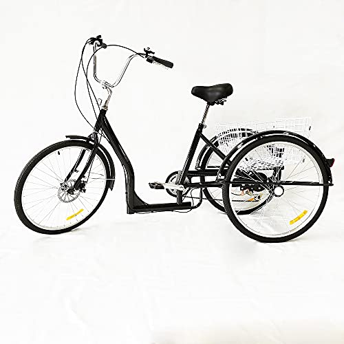 LENJKYYO 26 Zoll 3 Rad Dreirad für Erwachsene mit 6 Gang Schaltung Zoll Cruiser Fahrrad Einkaufs LastenfahrradKorb (Schwarzes) von LENJKYYO