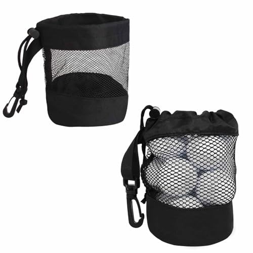 LERTREEUK 2 Stück Nylon-Golfball-Aufbewahrungstasche mit Haken Schwarze Golfball-Taschen Kordelzug Golfball Organizer von LERTREEUK