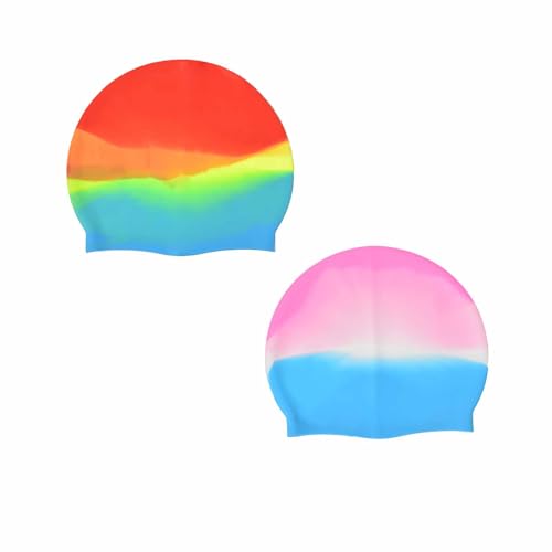 LERTREEUK 2 Stück Unisex Silikon Badekappe für Erwachsene helle Farbe Schwimmen Kappe für Männer und Frauen Strand Pool tragen (Farbverlauf Rot+Farbverlauf Rosa) von LERTREEUK