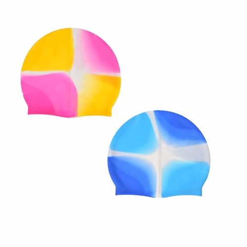 LERTREEUK 2 Stück Unisex Silikon Badekappe für Erwachsene helle Farbe Schwimmen Kappe für Männer und Frauen Strand Pool tragen (Gelb RosaRot+Himmelblau Dunkelblau) von LERTREEUK