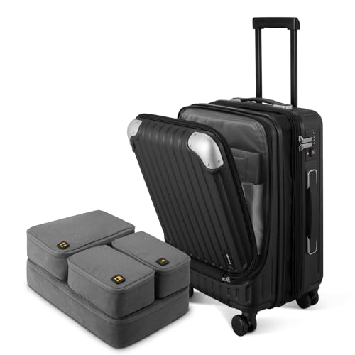 LEVEL8 Koffer Expandierbares Handgepäck mit 4-Organizer-Set, 55cm Handgepäck mit Laptop-Fach, ABS+PC Hardshell Spinner mit TSA-Schloss, Schwarz von LEVEL8