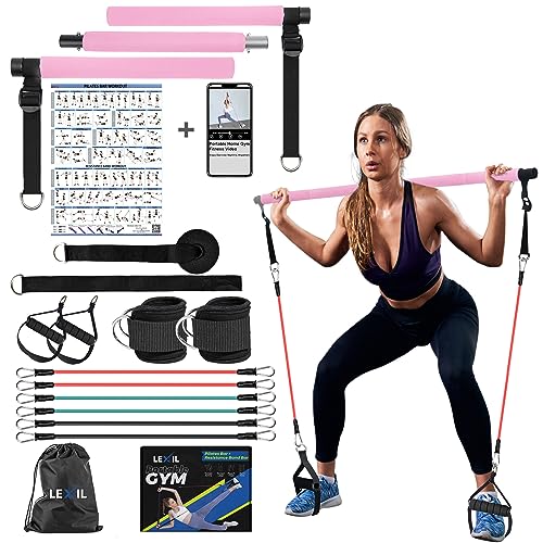 LEXIL Pilates-Bar-Trainingsset, stapelbar, 3 Paar Widerstandsbänder (15, 20, 13,6 kg) – Heim-Fitnessgerät für Männer und Frauen, Workout-Kit für Körperstraffung, mit Fitness-Video (Rosa) von LEXIL