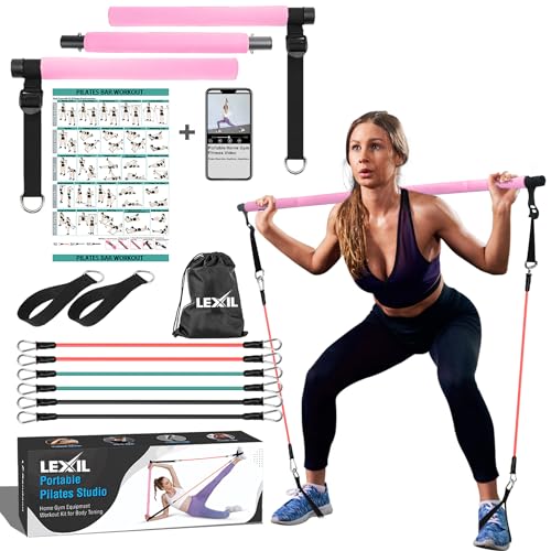 LEXIL Tragbares Pilates-Bar-Übungsset, stapelbar, 3 Paar Widerstandsbänder (15, 20, 13,6 kg) – Heim-Fitnessgerät für Männer und Frauen, Workout-Set für Körperstraffung, mit Fitness-Video (lila) (Rosa) von LEXIL