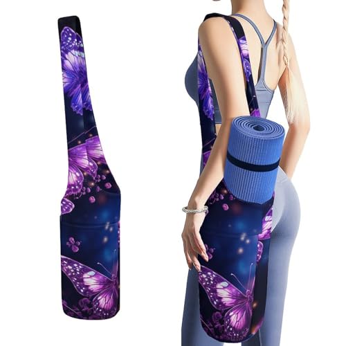 LFDSYEOQ Yogamatten-Tasche, violett, niedlicher Schmetterlings-Druck, lange Aufbewahrungstasche mit Taschen, hält mehr Yoga-Zubehör, passend für die meisten Matten. von LFDSYEOQ