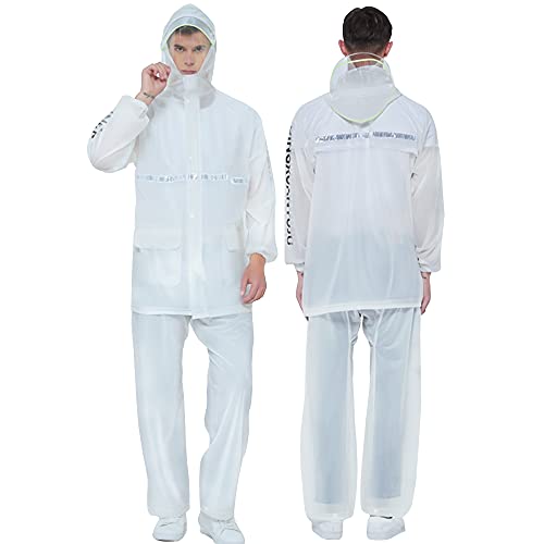 LGESR Ultraleichter Regenanzug für Herren Damen, Wasserdichter Kapuzen-Regenmantel mit Reflektierenden Streifen, Zweiteilige Regenbekleidung (Jacke & Hosenanzug) ( Color : Weiß , Size : XXL ) von LGESR