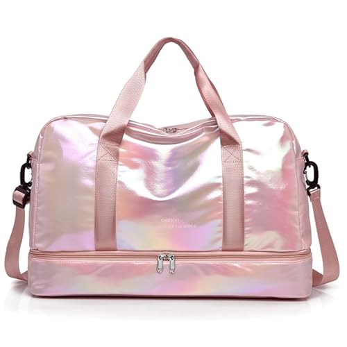 Reisetasche Women's Travel Bag Glossy Large Capacity Handbag Shoulder Bag Casual Crossbody Luggage Bag Dry Wet Separation Sports Fitness Bag (Color : Pink) von LHSJYG