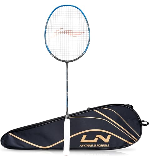 Li-Ning 3D Calibar X Combat Carbon Graphit Badmintonschläger (85 g, 13,6 kg Saitenspannung) und volle Abdeckung (anthrazit/blau) von LI-NING
