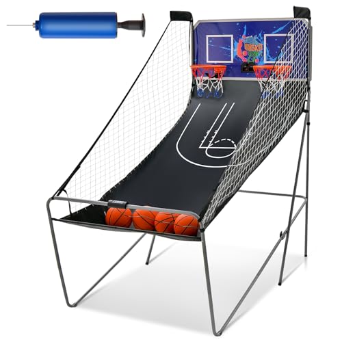 LIFEZEAL Basketball-Arcade-Spiel, Faltbar Basketballautomat für 2 Personen, Elektronische Basketballwurfmaschine mit 2 Basketballkörbe, 8 Spielmodi & Zähler, 4 Bälle, 1 Pumpe (Blau) von LIFEZEAL