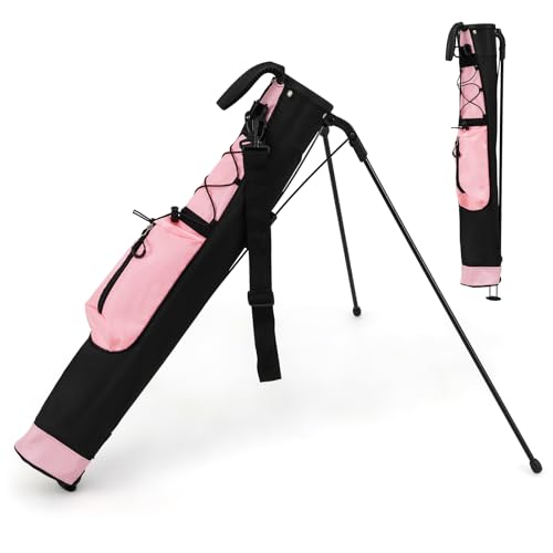 LIFEZEAL Golftasche, Reisetasche Leicht mit Ständer, 2 Fächer, Becherhalter, wasserdichte Tragetasche, Golf Pencil Bag für Damen und Herren (Rosa) von LIFEZEAL