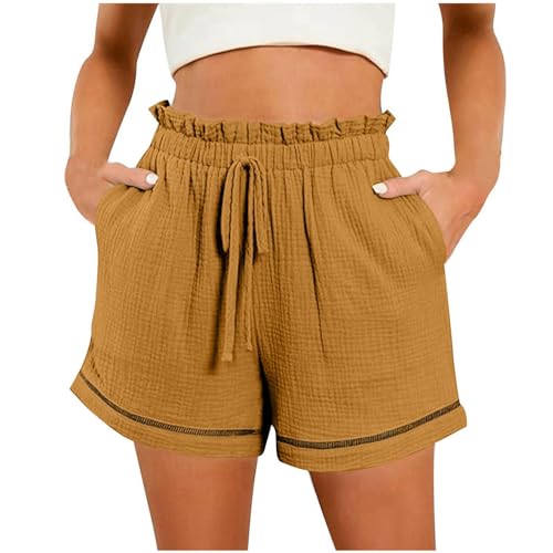 LIHWKD Lässige Damen-Shorts, Shorts mit weitem Bein für Damen, hohe Taille, Kordelzug, elastische Taille, lockere Shorts (Brown,XL) von LIHWKD