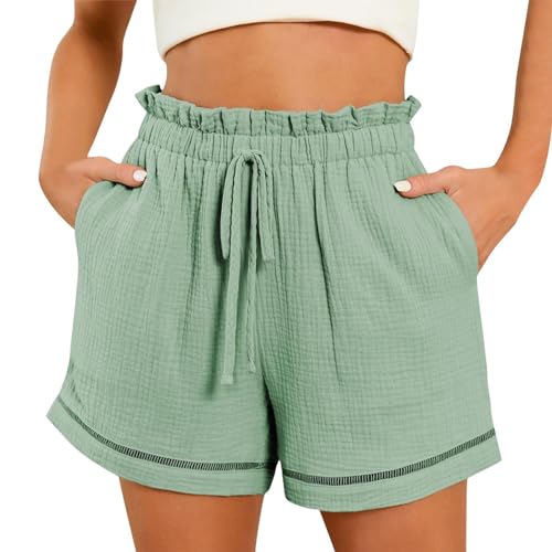 LIHWKD Lässige Damen-Shorts, Shorts mit weitem Bein für Damen, hohe Taille, Kordelzug, elastische Taille, lockere Shorts (Green,L) von LIHWKD