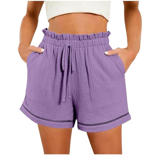 LIHWKD Lässige Damen-Shorts, Shorts mit weitem Bein für Damen, hohe Taille, Kordelzug, elastische Taille, lockere Shorts (Purple,L) von LIHWKD